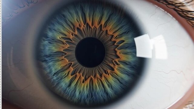 A close-up extreme macro shot of a human eye with vibrant iris colors and detailed texture, capturing intricate patterns