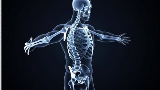 A 3D rendering of a human skeleton in a dynamic pose against a dark background