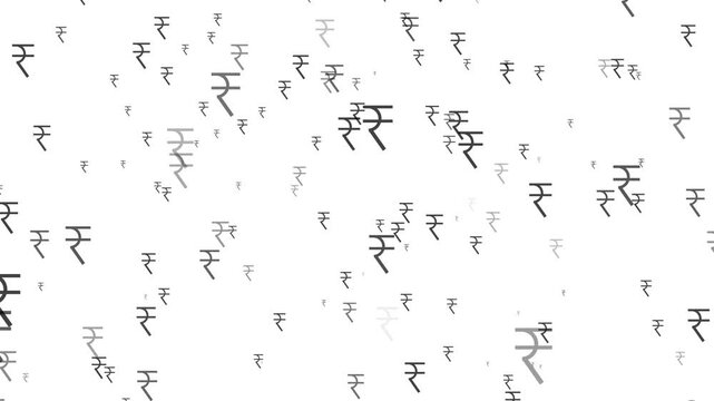 Black color Indian Rupee symbols scattered across a bright white background currency money