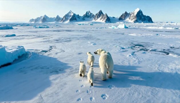 drone shot polar bear family arctic ice peaks perfect for international polar bear day