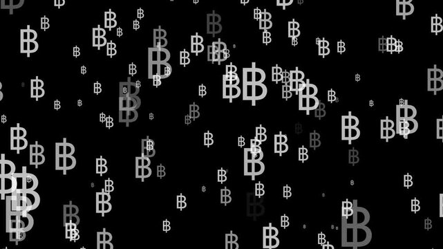 Seamless pattern of scattered white Bitcoin cryptocurrency symbols on a vibrant black background digital currency