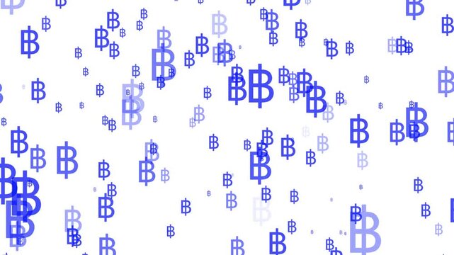 Seamless pattern of scattered blue Bitcoin cryptocurrency symbols on a vibrant white background digital currency