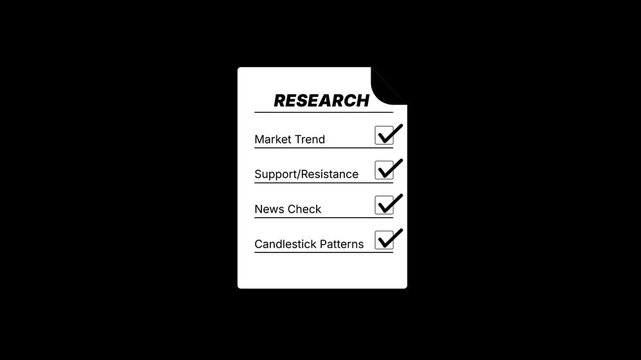 Research concept animation, paper with text being checked, taking notes, research before investing in trading, finance and investment animation clip