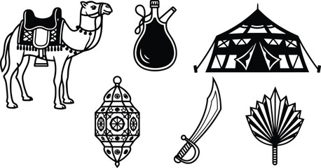 Naklejka premium Line art arabian desert icon set with camel side view tent scimitar lantern waterskin palm fan decorated saddle simple black and white flat vector low angle