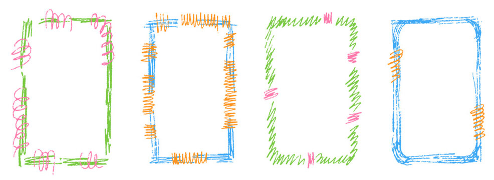 Colorful crayon frame boxes with childlike texture. Perfect for kindergarten worksheets, posters and playful backgrounds.