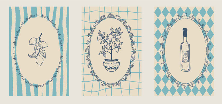 Whimsical lace border illustration for Italian seafood menu. Amalfi Coast summer vibe, beach picnic style frame for food poster, kitchen print and illustration art.