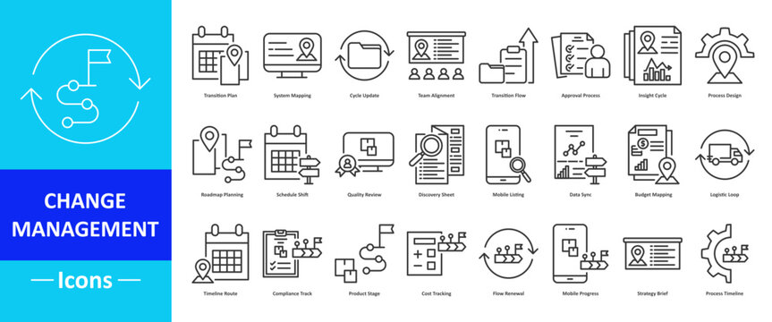 Creative outline vector icon pack of change management themes workflow adaptation team alignment strategy mapping transformation guidance organizational improvement toolkit visual assets