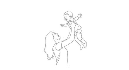 Mother throws baby up in the air line drawing.