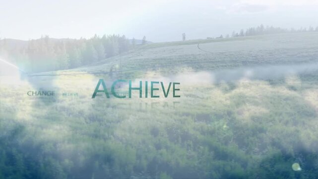 Succeed text animation over serene landscape with rolling hills and trees