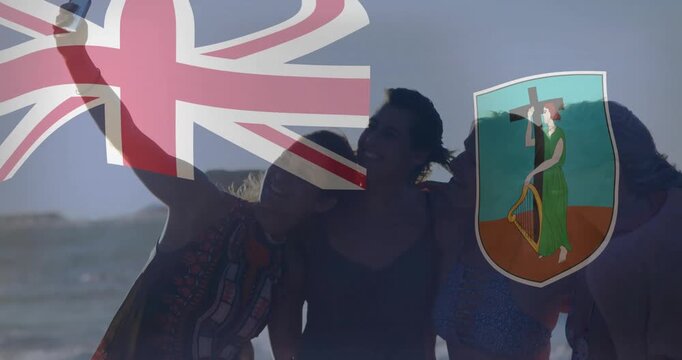 Taking selfie, group of friends with British and Montserrat flags animation overlay