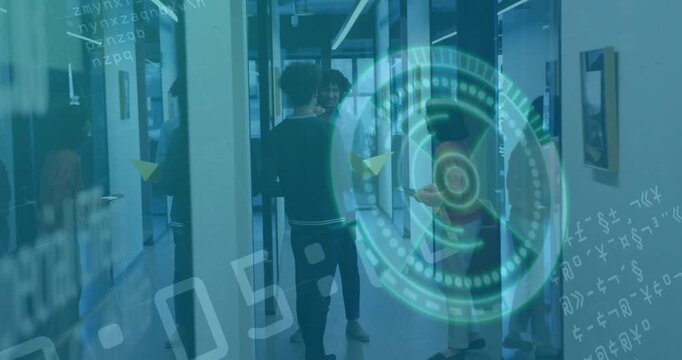 Coworkers holding tablet and conversing in LED-lit tech corridor, showing code overlays and HUD