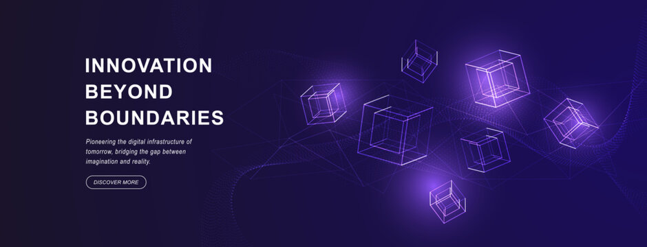 Futuristic technology banner with abstract geometric wireframe cubes and digital innovation
