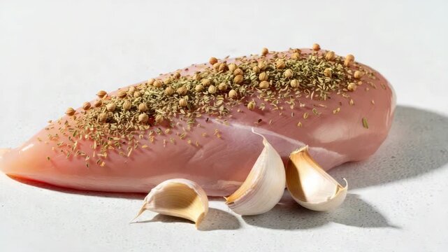 Raw chicken breast with herbs and garlic on a white surface