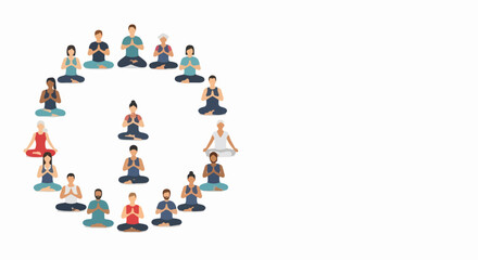 Fototapeta premium Diverse group forms meditation circle, individuals in lotus position with prayer hands. People engage in tranquil meditation circle, focusing on mindfulness, mental wellness, spiritual balance.
