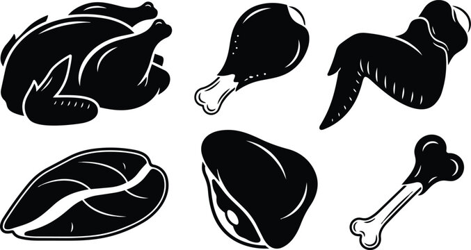 Flat design close up of assorted chicken parts including whole bird drumstick wing breast thigh and bone arranged on white background bold minimalist composition studio view