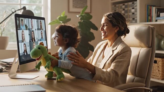 A child interrupts a video conference taking place at home.