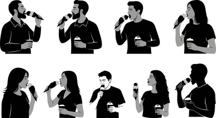 People eating ice cream vector set, men and women holding sweet dessert cones and cups, tasting summer snack, monochrome illustration on white background.