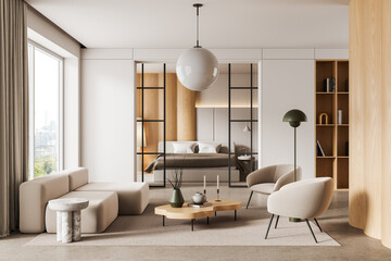 Modern minimalist living room interior with cozy beige furniture and wooden elements, featuring...