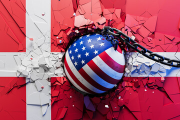 USA flag wrecking ball smashing Denmark flag wall, symbolizing impact, conflict or influence between countries in abstract creative concept. 3D Rendering