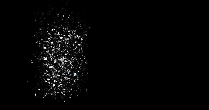 Flying shattered glass fragments in slow motion footage with alpha channel (ProRes, 4K only). 3D FX animation.
