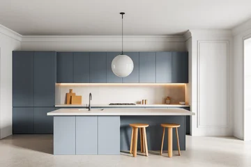 Fotobehang Natuur Park Modern minimalist kitchen interior with blue cabinets, white countertop, wood stools, and pendant lighting on a clean neutral background. 3D Rendering  © ImageFlow