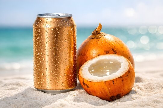 Chilled Unbranded King Coconut Water Can on Tropical Sandy Beach