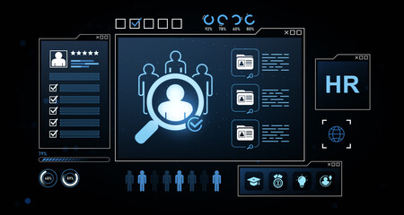 Obraz na płótnie Canvas Human resources interface with candidate profile, performance metrics, and recruitment checklist on a futuristic digital dashboard concept background. 3D Rendering