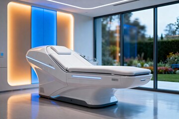 Futuristisches Longevity-Zentrum: Patient in einer modernen Regenerations-Kapsel zur Optimierung der Vitalit&auml;t, klinisches Luxus-Design