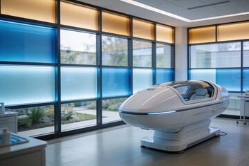 Futuristisches Longevity-Zentrum: Patient in einer modernen Regenerations-Kapsel zur Optimierung der Vitalit&auml;t, klinisches Luxus-Design