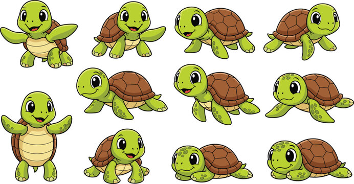 Cute turtle cartoon poses vector set. Adorable baby turtle characters in multiple actions and expressions. Flat green tortoise illustration for kids, stickers, games, and education.