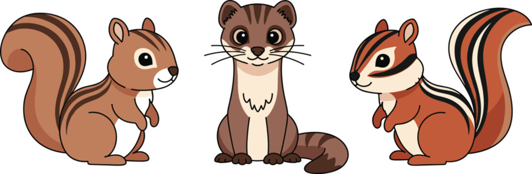 Cute woodland animals cartoon vector set. Adorable squirrel, weasel, and chipmunk characters in flat style. Friendly forest animal illustrations for kids design and education.
