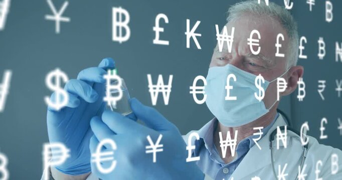 Floating currency symbols fading in urging medical doctor rotating green cap vial examining clarity