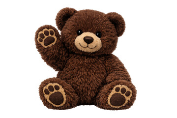 Fototapeta premium Teddy bear plush toy sitting and waving, signifying a warm, friendly greeting and embodying childhood comfort