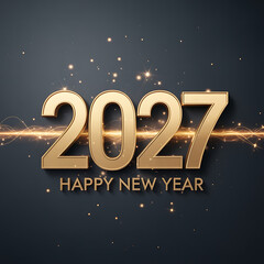 Golden Happy New Year 2027 Celebration with Sparkling Light Trails and Gold Particles on a Dark Background
