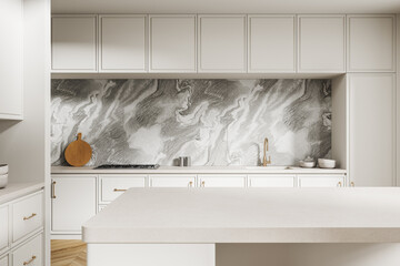 Modern interior kitchen with marble backsplash and white cabinets in minimalist design style on bright background. 3D Rendering