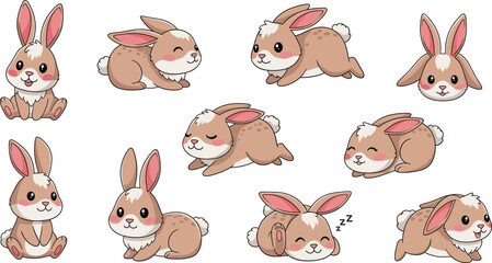 Obraz premium Cute bunny cartoon character vector set. Adorable rabbits in different poses, sitting, running, and sleeping. Kawaii pet bunny illustrations for kids design and stickers.