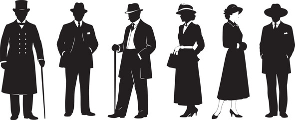 A sophisticated collection of timeless black and white silhouettes depicting well-dressed men and women in classic vintage formal attire from a bygone era