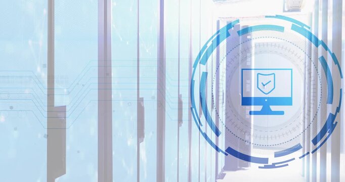 Static corridor initiating network lines flowing racks rotating HUD rings pulsing denoting security