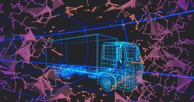 Dark opening revealing neon grid and wireframe truck, streaming meshes weaving nodes forming cocoon