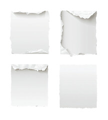 Fototapeta premium Four blank white torn paper pieces with varied ragged edges on a gray background