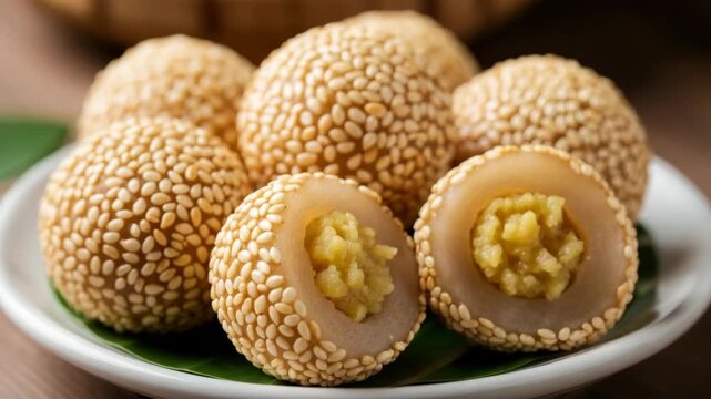 Sesame seed coated dessert food close up