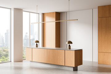 Minimalist wooden kitchen island with brass lamps in modern bright interior with large windows and cityscape background concept design scene. 3D Rendering