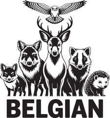Obraz premium Belgian country animals emblem forest fauna and wildlife illustration collection fox deer