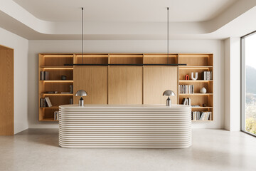 Modern reception interior with wooden bookshelf background, elegant white desk, and minimalist decor in bright natural lighting environment. 3D Rendering © ImageFlow