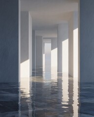 Minimalist architectural corridor with water reflection and soft natural light