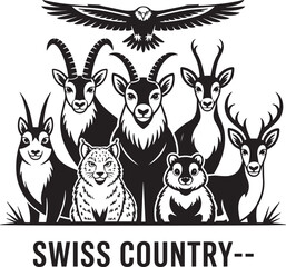 Swiss country animals emblem alpine fauna and mountain wildlife illustration collection © MC Creative
