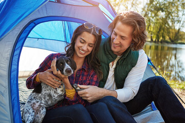 Tent, relax and happy people with dog for camping, outdoor vacation or weekend getaway for bonding....