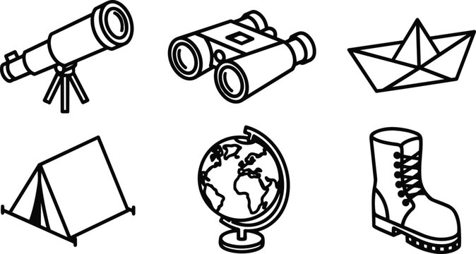 Line art vector icon set telescope binoculars paper boat tent globe and hiking boot arranged as travel exploration symbols in simple outline style black stroke minimal