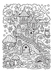Naklejka premium Tree Fairy House Coloring Page, Enchanted Forest Home Line Art for Kids