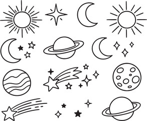 Fototapeta premium Amazing celestial space doodle collection featuring sun moon stars planets and comets